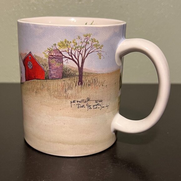 “Just for Pretty" Art Mug by Pat Richter 2003 ~ Red Barn w/ Star Quilt Hex Sign - Picture 7 of 13